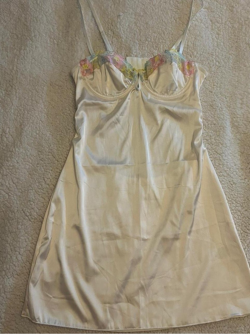 Ivory Satin Slip Dress with Floral Lace Trim